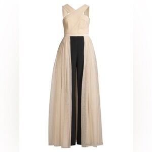 BCBGMAXAZRIA Eve Overlay Walk-through Jumpsuit Evening Gown Almond Blossom XS